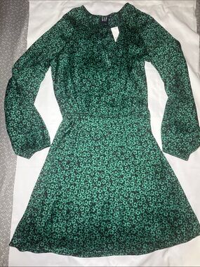 GAP Black and Green Floral Long-Sleeve Fit & Flare Dress